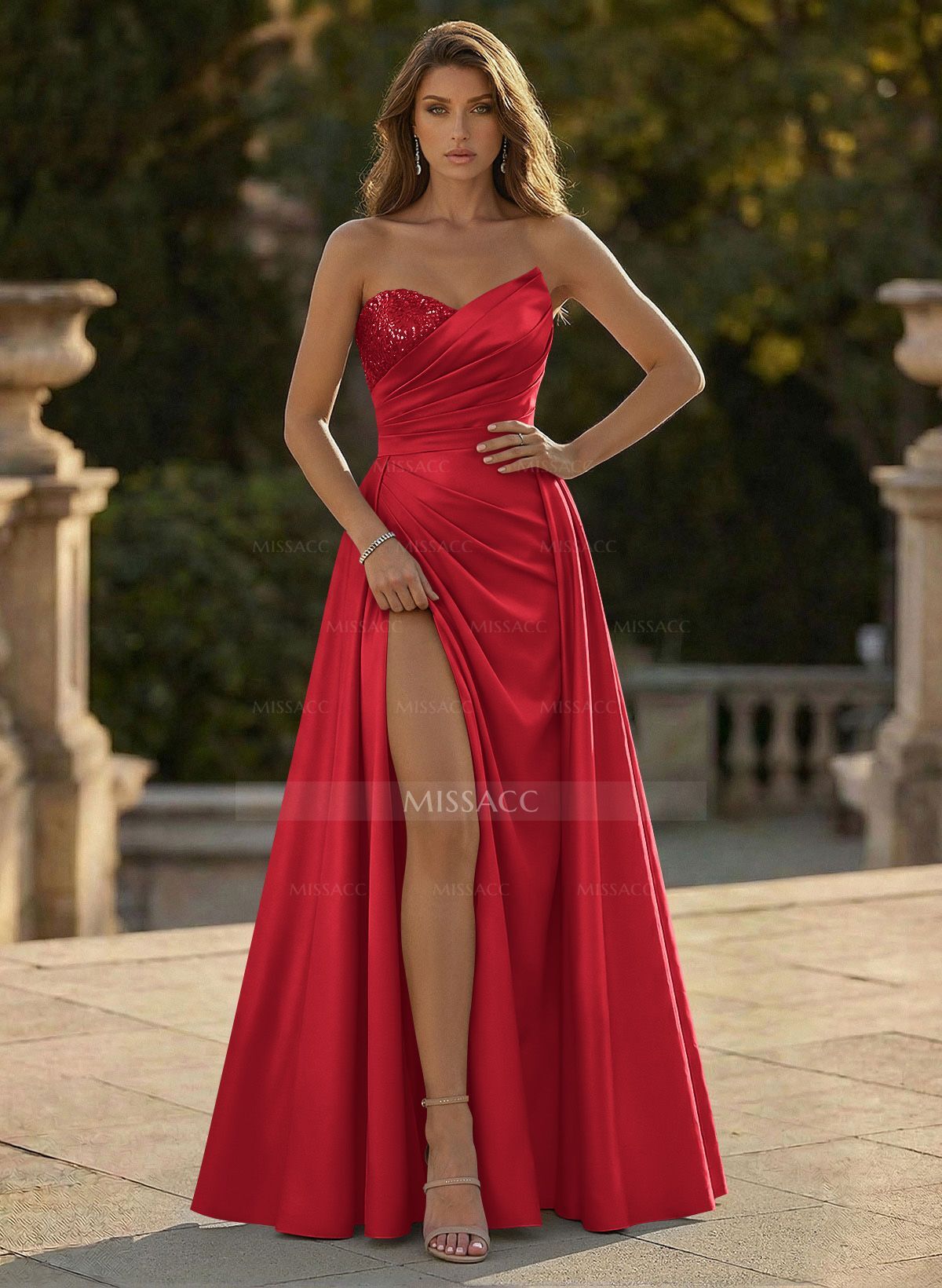A-Line Strapless Sleeveless Floor-Length Satin Prom Dresses With High Split