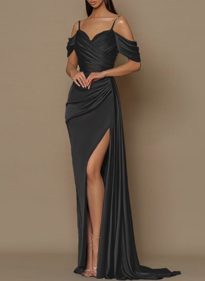 Sheath/Column V-Neck Sleeveless Charmeuse Prom Dresses With High Split