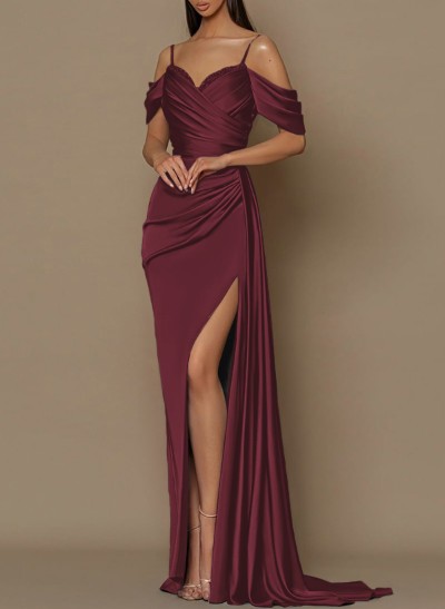 Sheath/Column V-Neck Sleeveless Charmeuse Prom Dresses With High Split