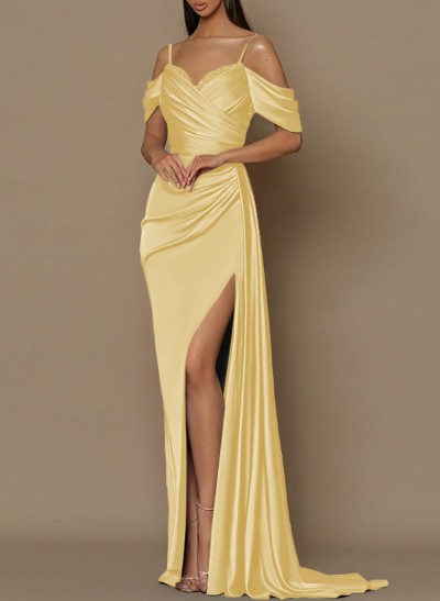 Sheath/Column V-Neck Sleeveless Charmeuse Prom Dresses With High Split