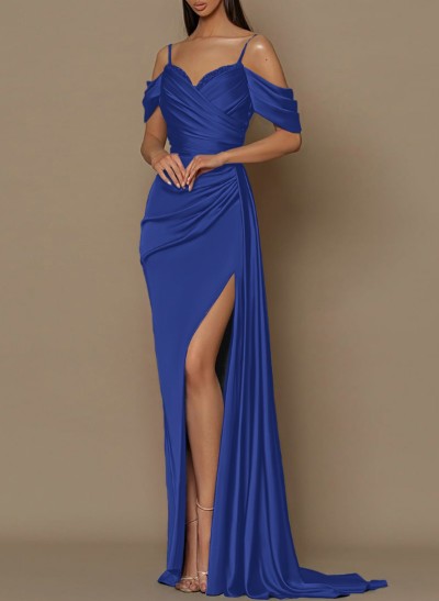 Sheath/Column V-Neck Sleeveless Charmeuse Prom Dresses With High Split