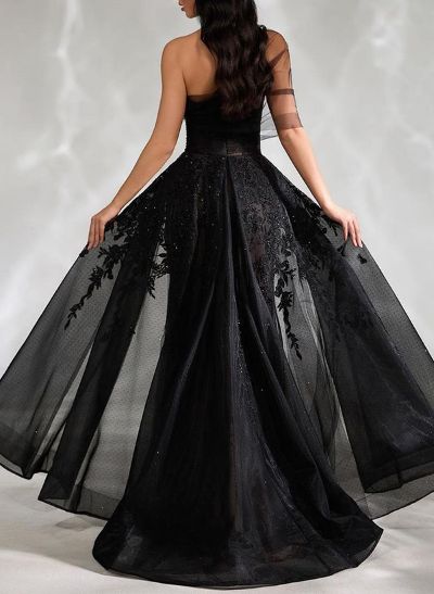 A-Line One-Shoulder Sleeveless Lace/Tulle Prom Dresses With High Split