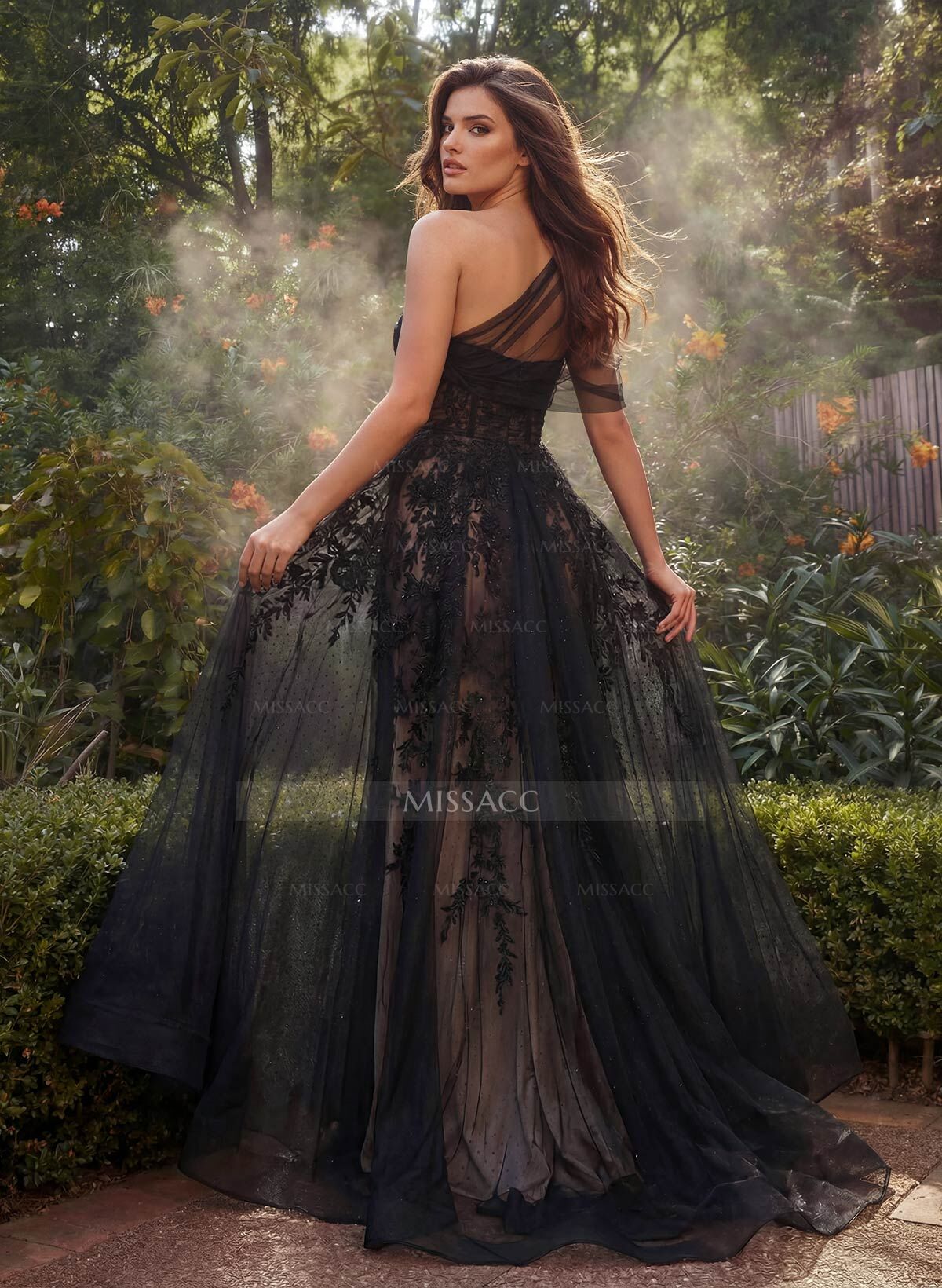 A-Line One-Shoulder Sleeveless Lace/Tulle Prom Dresses With High Split