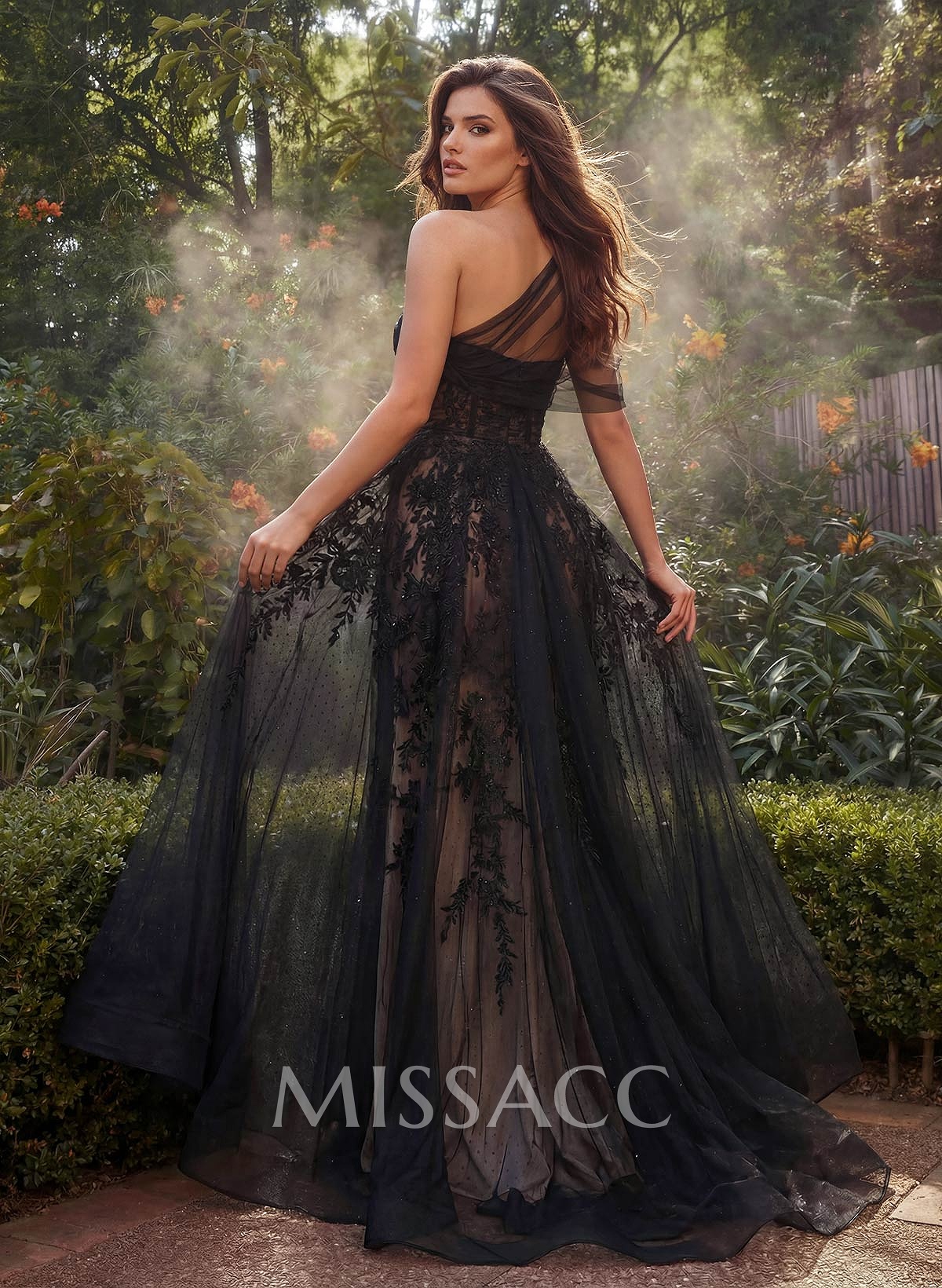 A-Line One-Shoulder Sleeveless Lace/Tulle Prom Dresses With High Split