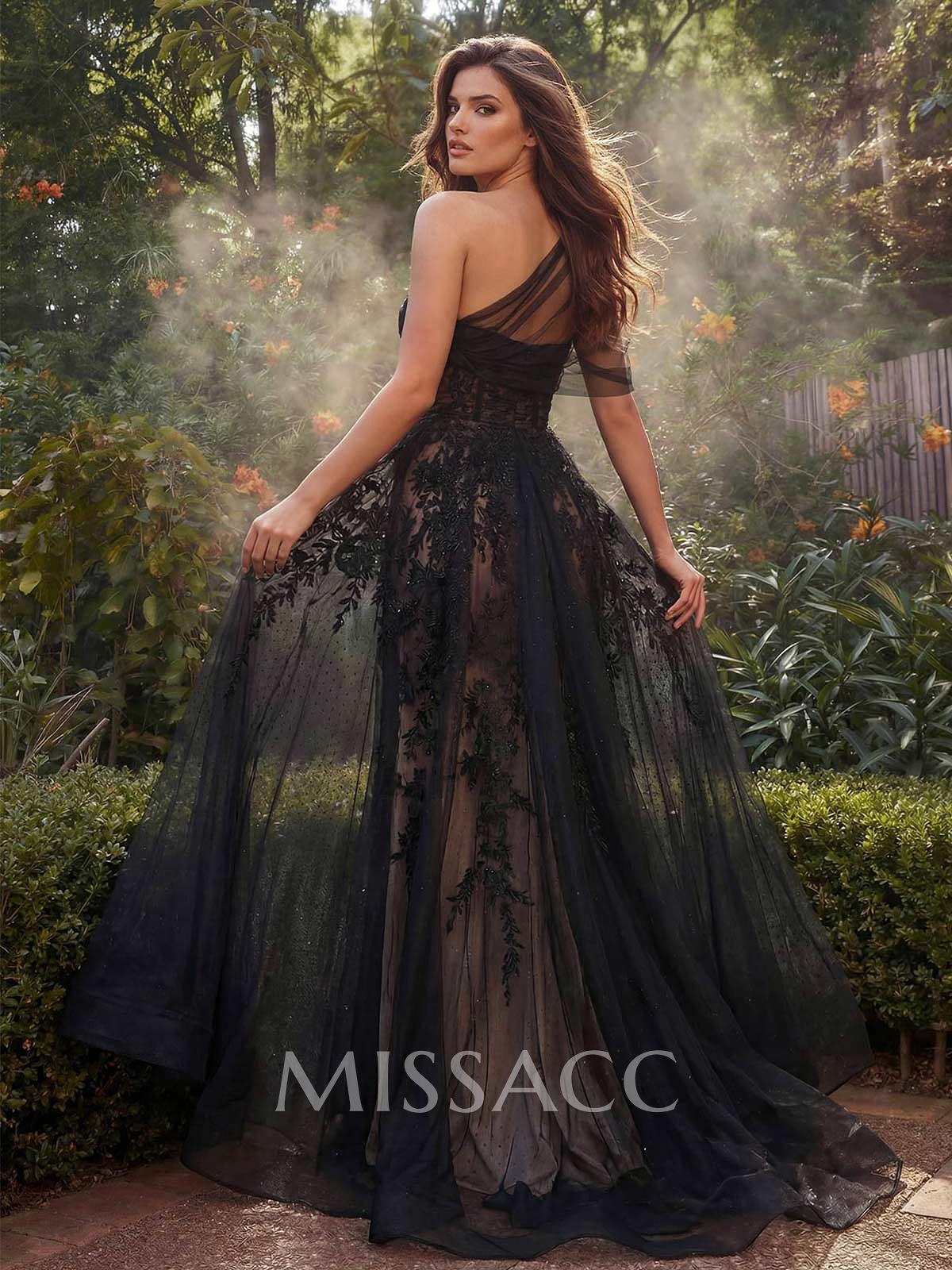 A-Line One-Shoulder Sleeveless Lace/Tulle Prom Dresses With High Split A-Line One-Shoulder Sleeveless Lace/Tulle Prom Dresses With High Split