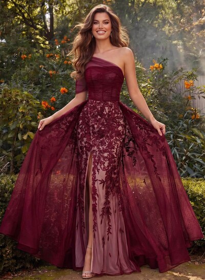 A-Line One-Shoulder Sleeveless Lace/Tulle Prom Dresses With High Split