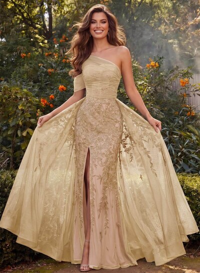 A-Line One-Shoulder Sleeveless Lace/Tulle Prom Dresses With High Split