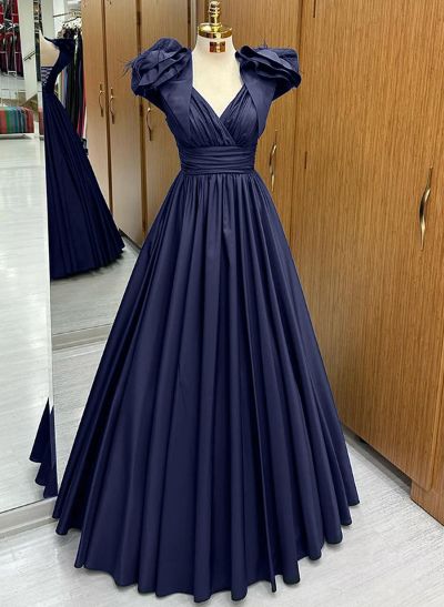 A-Line V-Neck Sleeveless Floor-Length Satin Prom Dresses With Ruffle/Pleated