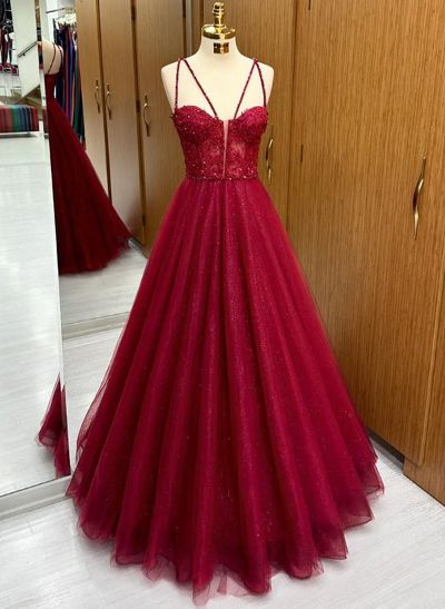 A-Line Sweetheart Sleeveless Floor-Length Tulle Prom Dresses With Lace