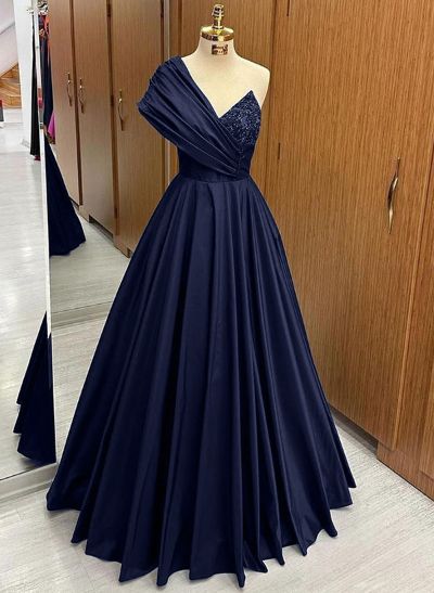 A-Line One-Shoulder Sleeveless Floor-Length Satin Prom Dresses With Pleated