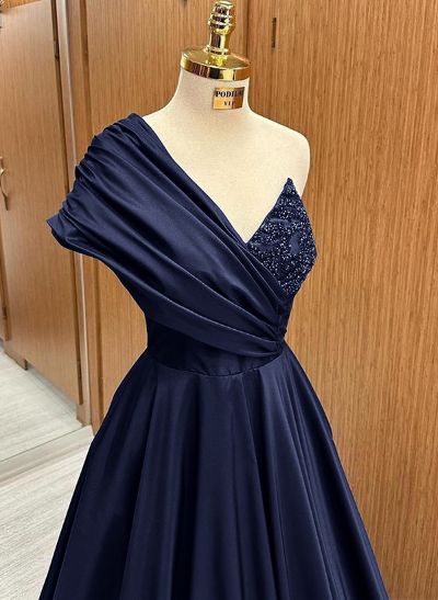 A-Line One-Shoulder Sleeveless Floor-Length Satin Prom Dresses With Pleated