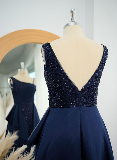 Sheath/Column Asymmetrical Sleeveless Sequined Prom Dresses With Ruffle
