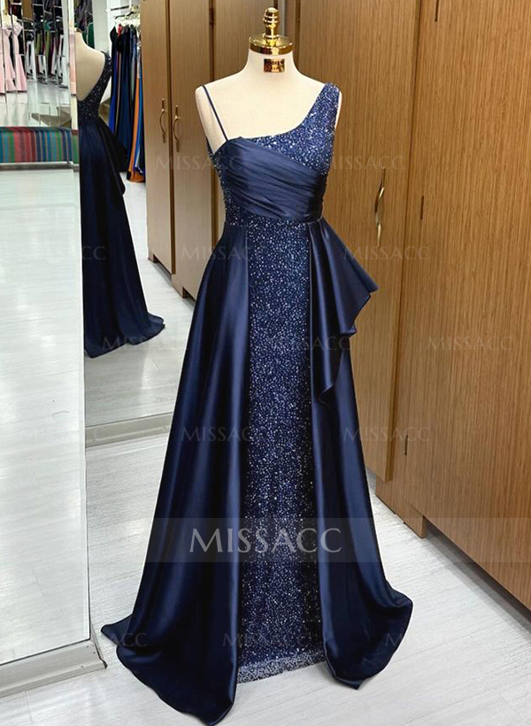 Sheath/Column Asymmetrical Sleeveless Sequined Prom Dresses With Ruffle
