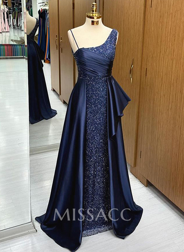 Sheath/Column Asymmetrical Sleeveless Sequined Prom Dresses With Ruffle