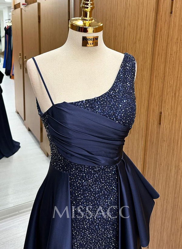 Sheath/Column Asymmetrical Sleeveless Sequined Prom Dresses With Ruffle