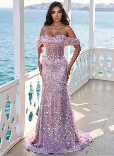 Trumpet/Mermaid Off-The-Shoulder Sleeveless Sequined Prom Dresses