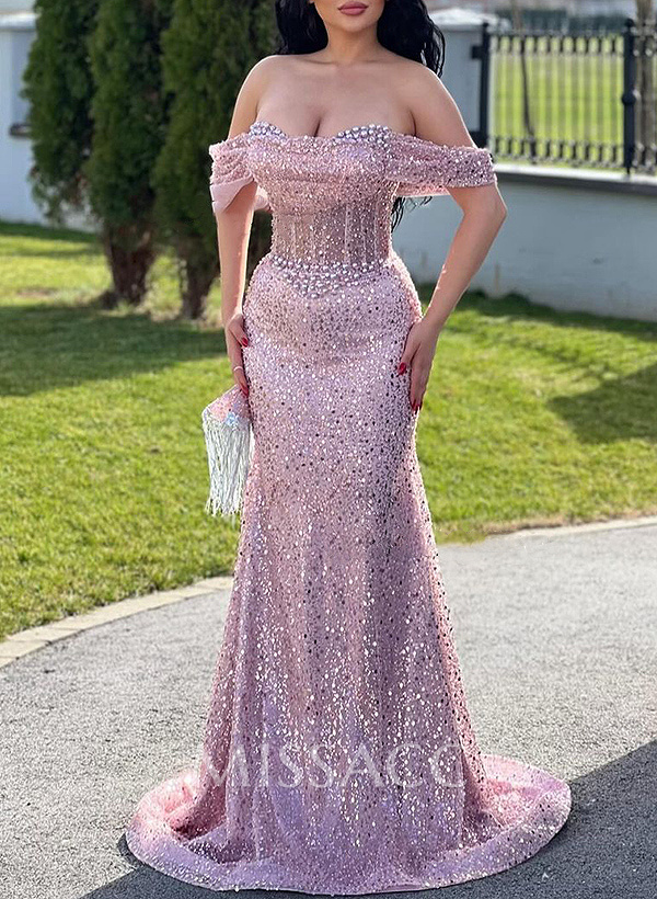 Trumpet/Mermaid Off-The-Shoulder Sleeveless Sequined Prom Dresses Trumpet/Mermaid Off-The-Shoulder Sleeveless Sequined Prom Dresses