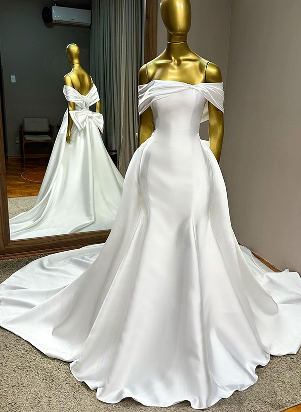 A-Line Off-The-Shoulder Sleeveless Satin Wedding Dresses With Bow(s)
