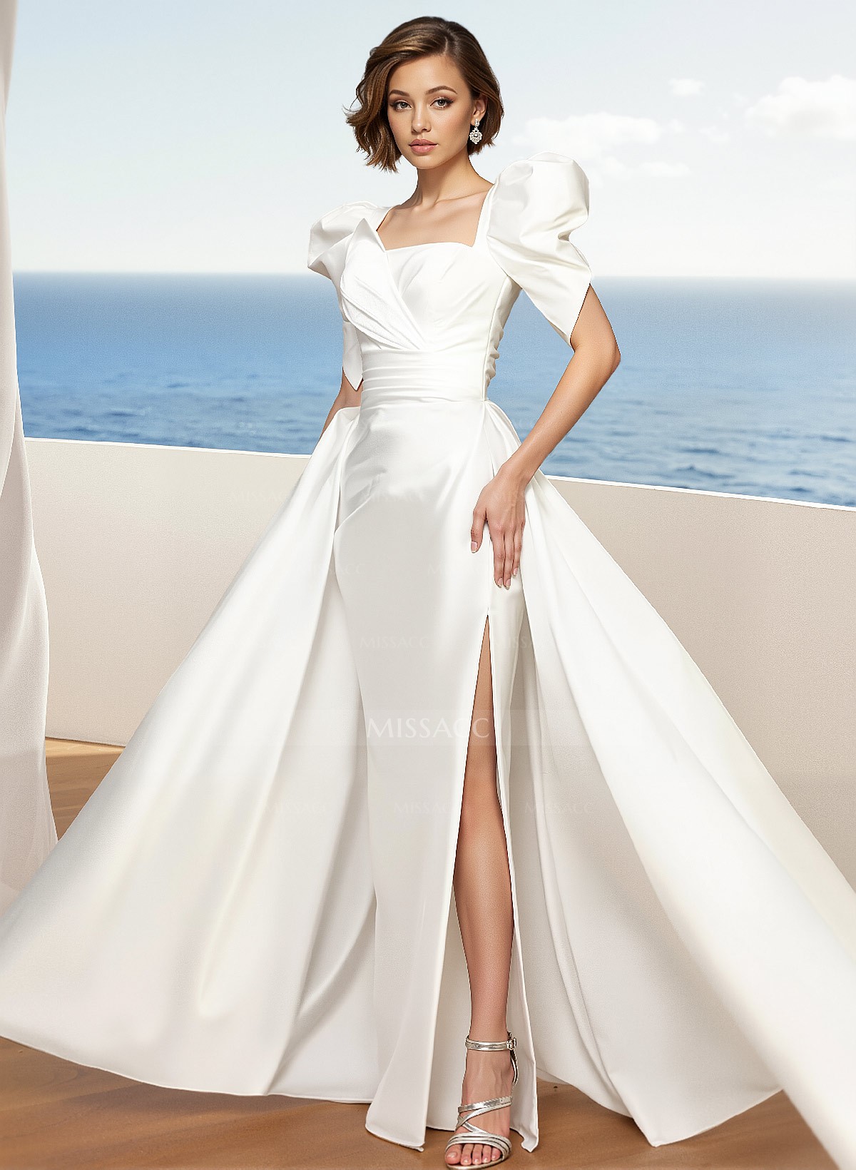 Sheath/Column Square Neckline Satin Wedding Dresses With High Split