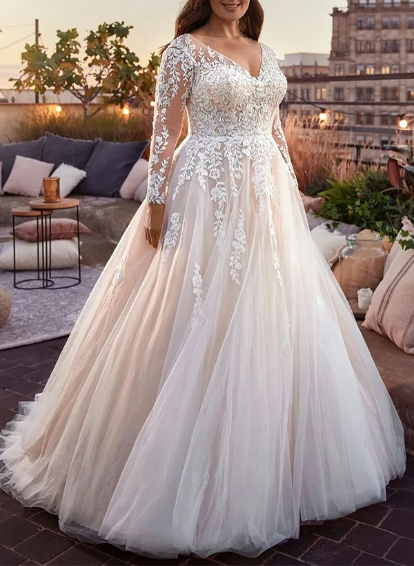 A-Line V-Neck Long Sleeves Court Train Lace/Tulle Wedding Dresses