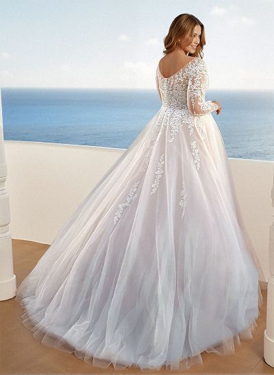 A-Line V-Neck Long Sleeves Court Train Lace/Tulle Wedding Dresses