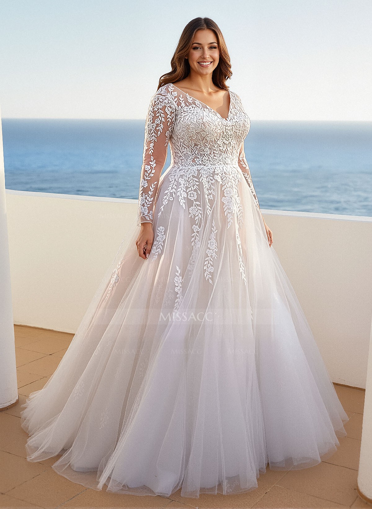 A-Line V-Neck Long Sleeves Court Train Lace/Tulle Wedding Dresses