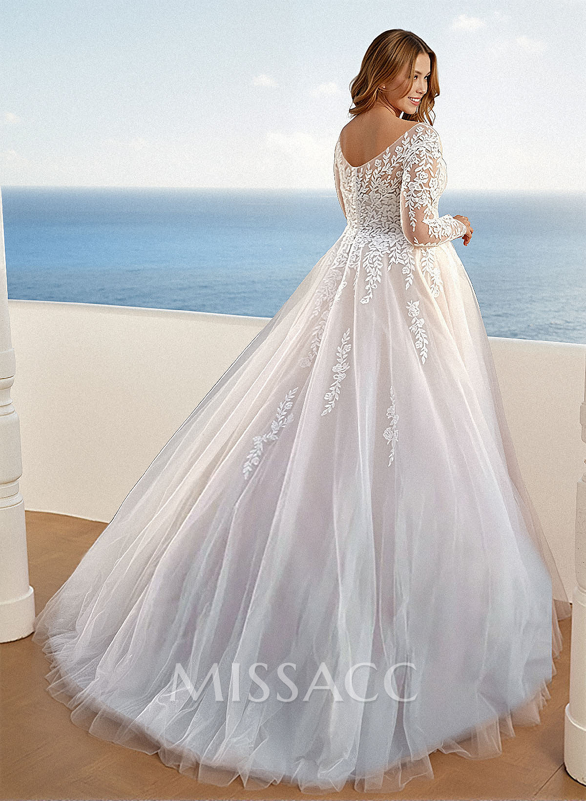 A-Line V-Neck Long Sleeves Court Train Lace/Tulle Wedding Dresses
