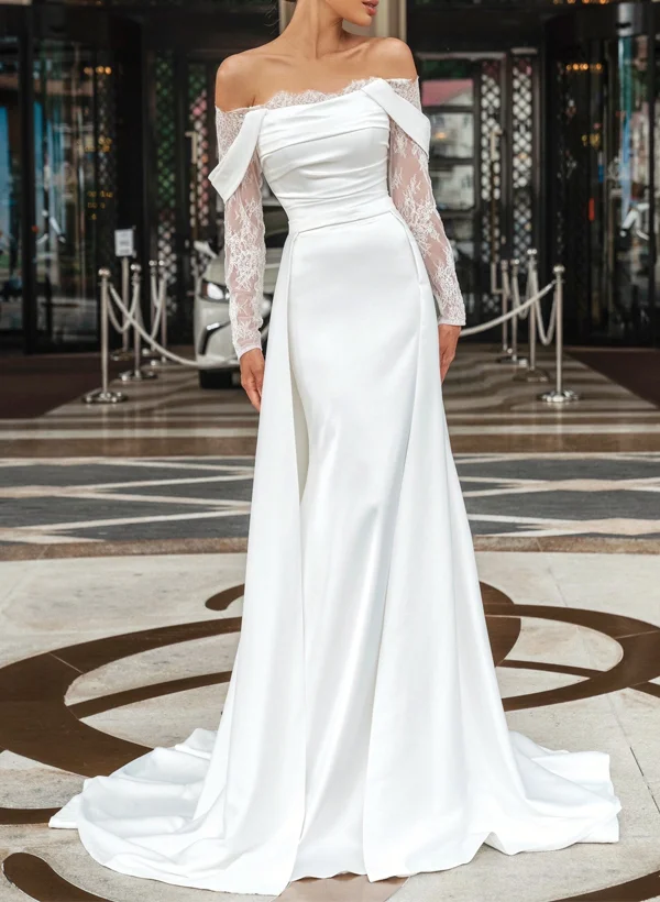 knee length dresses for ladies Ivory Satin A-line Long Sleeves Embroidery Modest Wedding Dresses, MW835