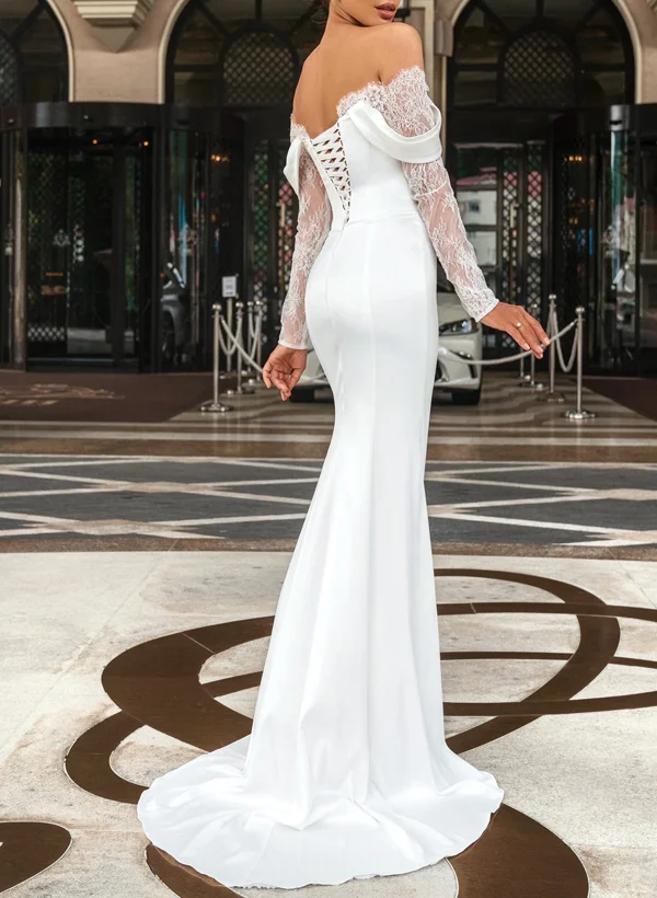 Missacc Ivory Bride Sheath/Column Off-The-Shoulder Silk Like Satin Wedding Dresses with Lace Missacc Ivory Bride Sheath/Column Off-The-Shoulder Silk Like Satin Wedding Dresses with Lace