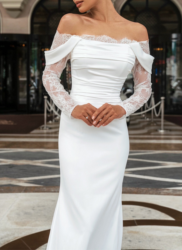 Sheath/Column Off-The-Shoulder Silk Like Satin Wedding Dresses With Lace