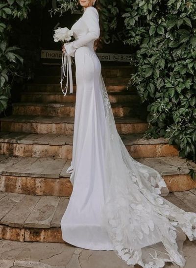 Sheath/Column Asymmetrical Silk Like Satin Wedding Dresses With Lace