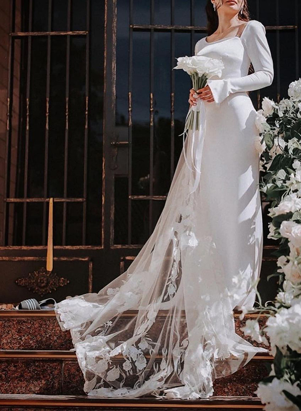 Sheath/Column Asymmetrical Silk Like Satin Wedding Dresses With Lace