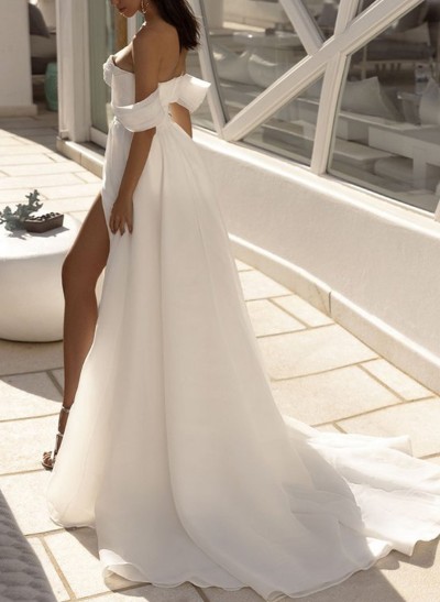 A-Line Off-The-Shoulder Sleeveless Organza Wedding Dresses With High Split