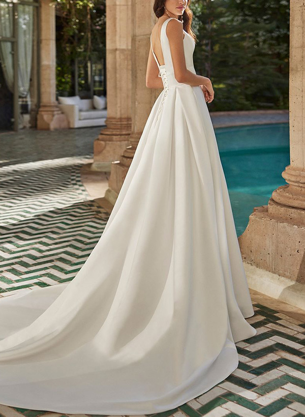 A-Line V-Neck Sleeveless Sweep Train Satin Wedding Dresses