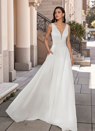 A-Line V-Neck Sleeveless Sweep Train Satin Wedding Dresses