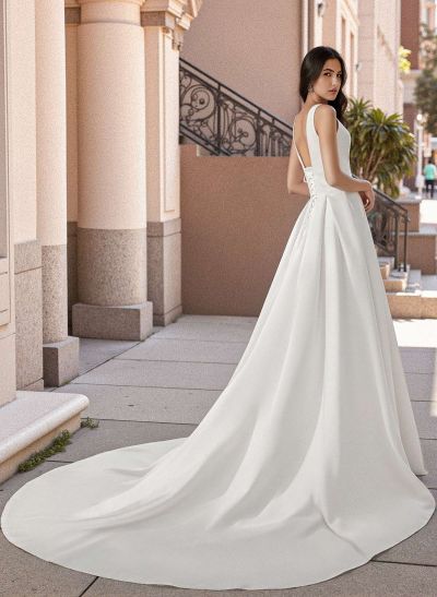 A-Line V-Neck Sleeveless Sweep Train Satin Wedding Dresses