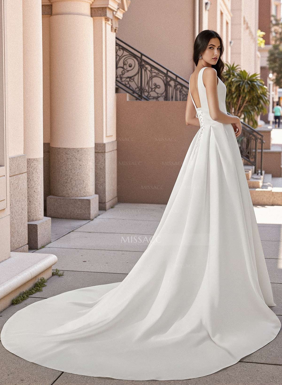 A-Line V-Neck Sleeveless Sweep Train Satin Wedding Dresses