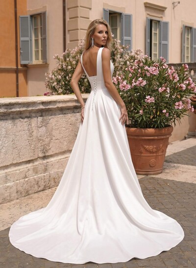 A-Line V-Neck Sleeveless Sweep Train Satin Wedding Dresses