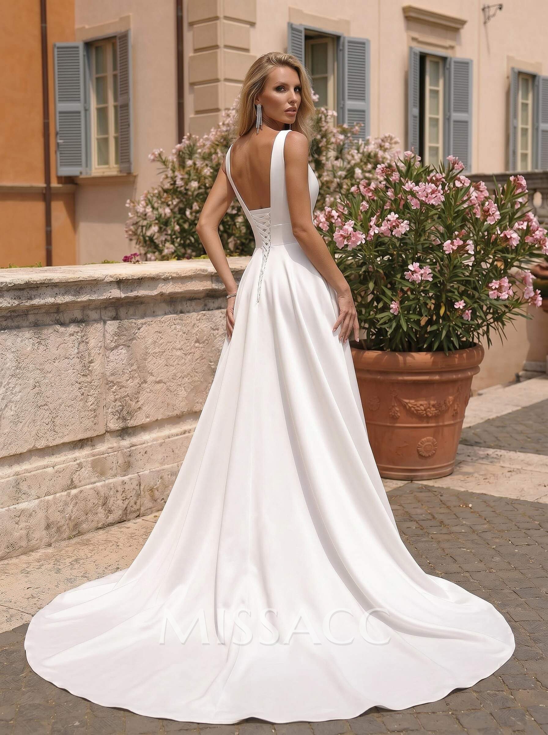 A-Line V-Neck Sleeveless Sweep Train Satin Wedding Dresses