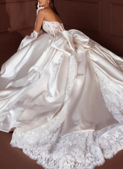 Ball-Gown Sweetheart Sleeveless Lace/Satin Wedding Dresses With Bow(s)
