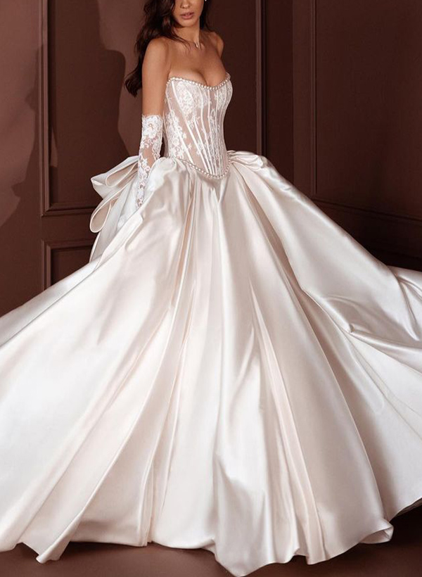 Ball-Gown Sweetheart Sleeveless Lace/Satin Wedding Dresses With Bow(s)