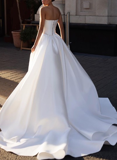 A-Line Strapless Sleeveless Satin Wedding Dresses With High Split