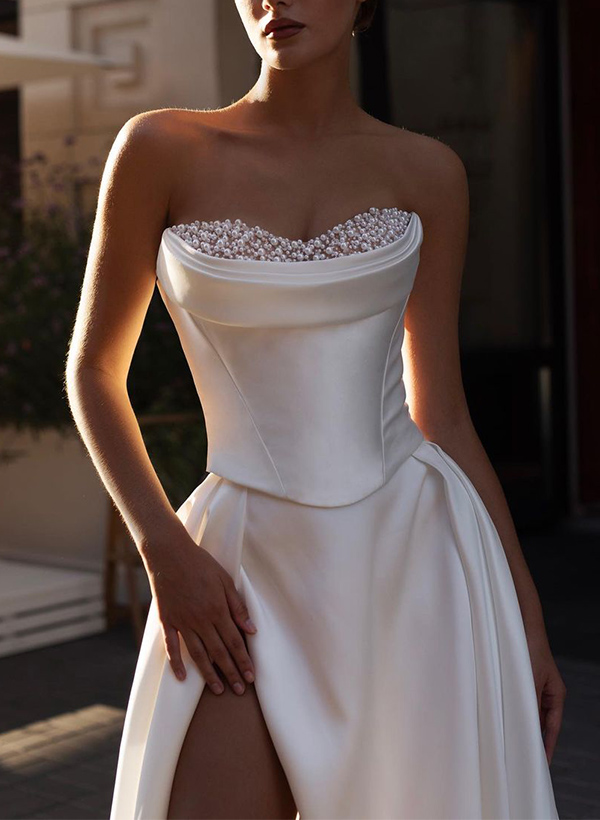 A-Line Strapless Sleeveless Satin Wedding Dresses With High Split