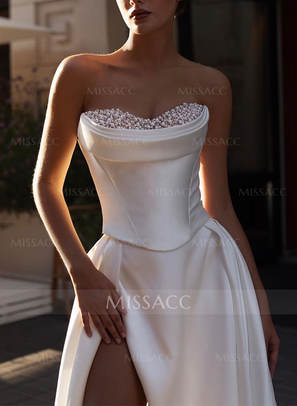 A-Line Strapless Sleeveless Satin Wedding Dresses With High Split