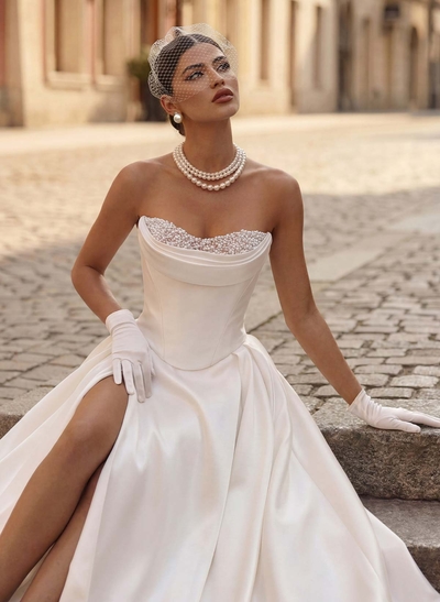 A-Line Strapless Sleeveless Satin Wedding Dresses With High Split