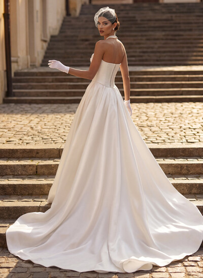 A-Line Strapless Sleeveless Satin Wedding Dresses With High Split