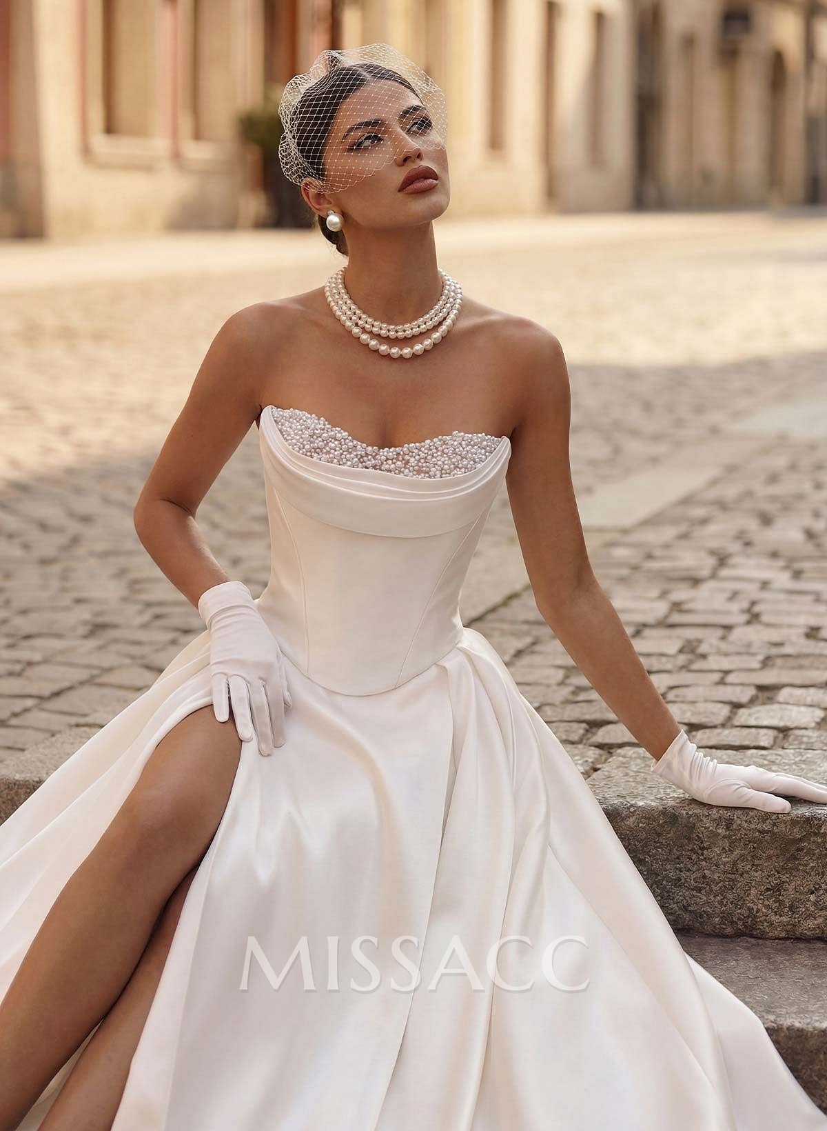 A-Line Strapless Sleeveless Satin Wedding Dresses With High Split A-Line Strapless Sleeveless Satin Wedding Dresses With High Split