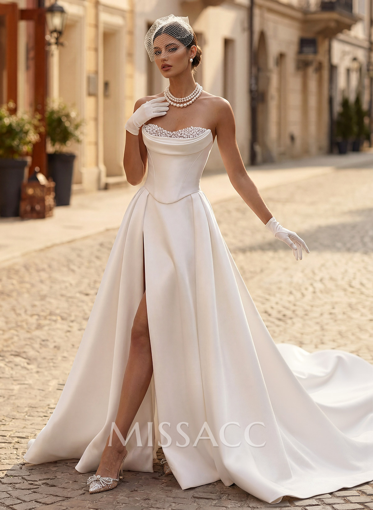 A-Line Strapless Sleeveless Satin Wedding Dresses With High Split A-Line Strapless Sleeveless Satin Wedding Dresses With High Split