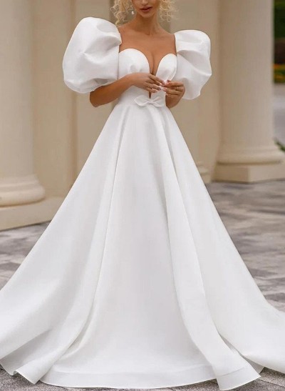 A-Line Sweetheart Short Sleeves Satin Wedding Dresses With Bow(s)