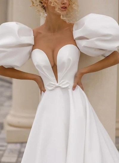 A-Line Sweetheart Short Sleeves Satin Wedding Dresses With Bow(s)